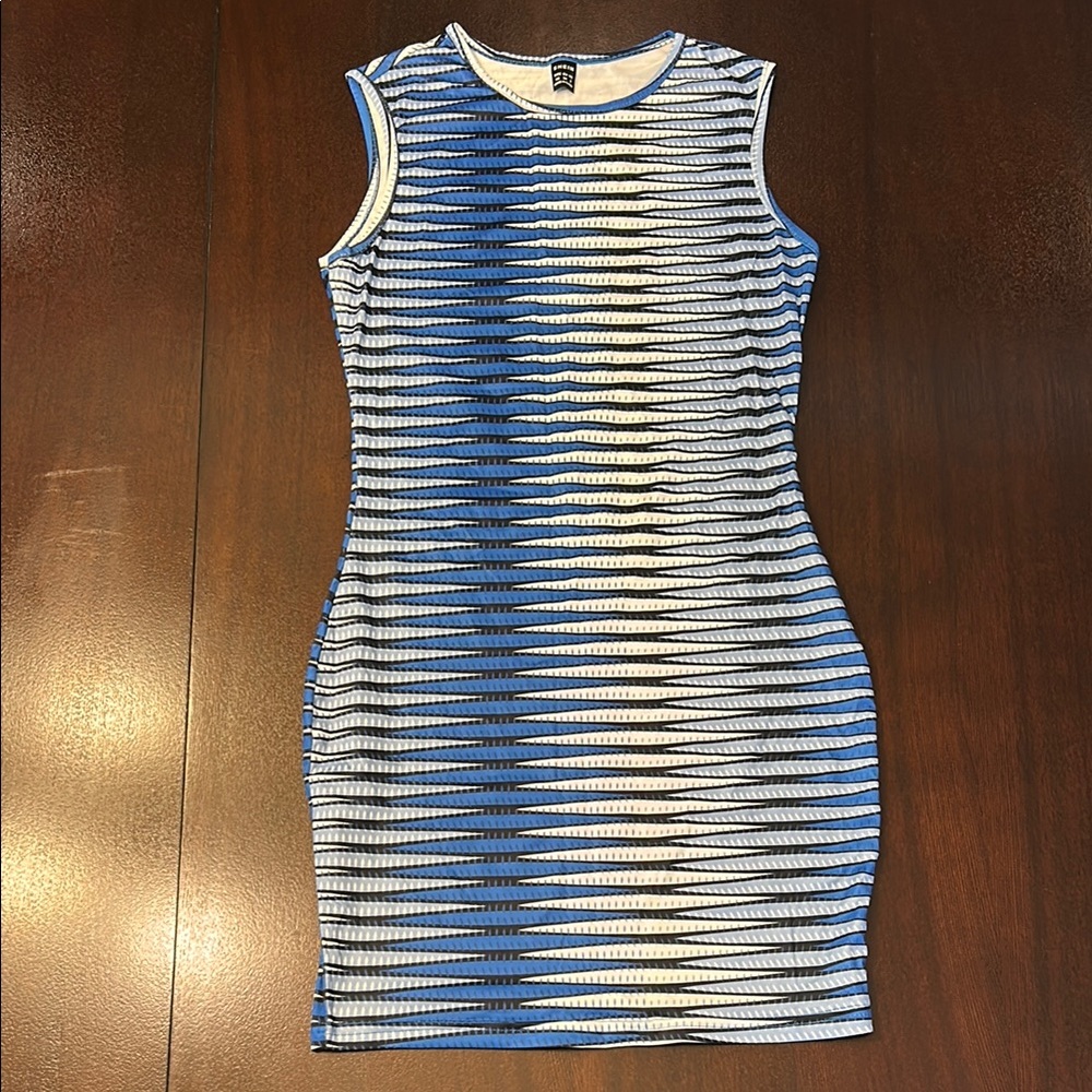 SHEIN Blue and White Bodycon Mini Dress Sleeveless Crew Neck